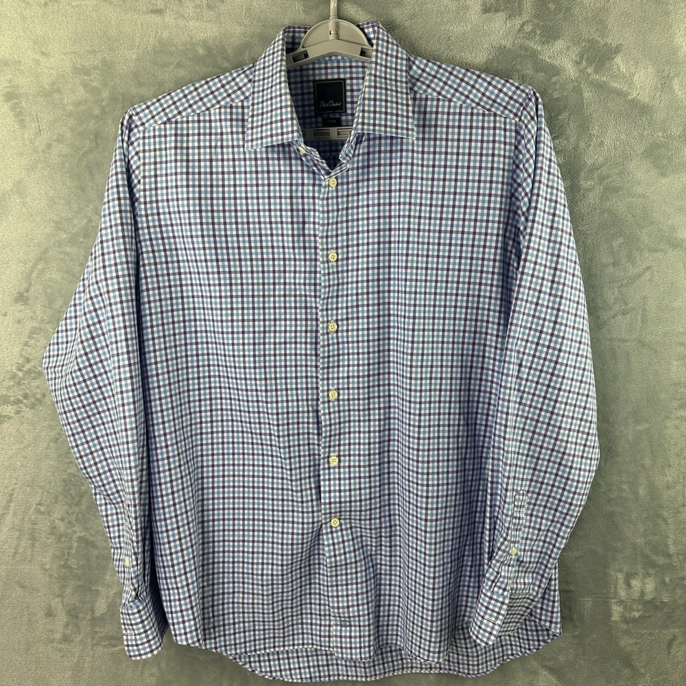 David Donahue Blue Check Button Down Shirt Mens 17.5 36/37 Cotton
